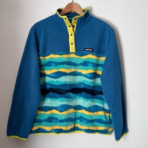 Lands' End Heritage Teal Mountain Ombre Print Snap Mock Fleece Pullover Gorpcore - Picture 2 of 15